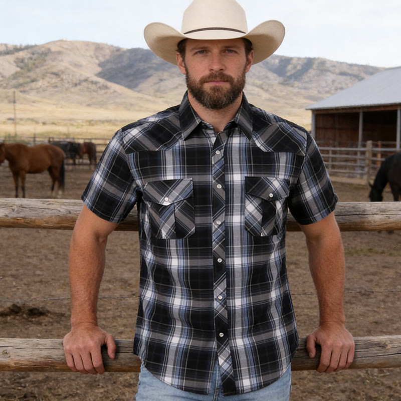 Men's Western Style Black And White Checkered Cowboy Shirt - image 1