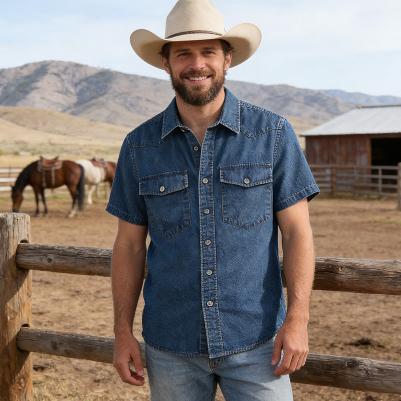 Men's Classic Retro Double Pockets Denim Shirt - image 0