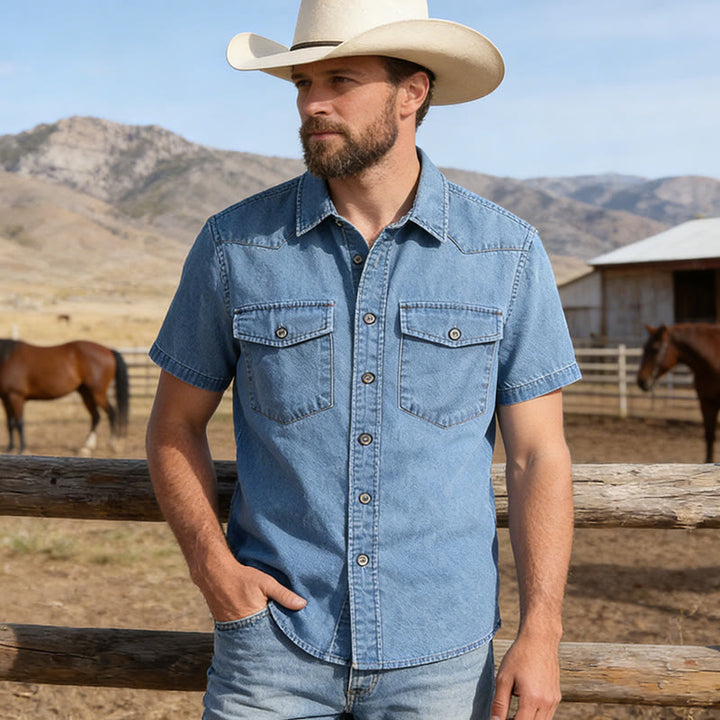 Men's Classic Retro Double Pockets Denim Shirt - image 5