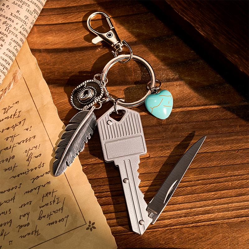 Western Feather Turquoise Pendant Silver Folding Knife Keychain - image 1