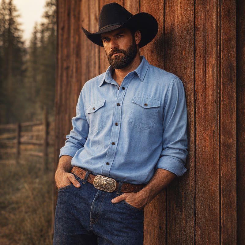 Men's Classic Light Blue Washed Denim Workwear Shirt - Light Blue - 3XL - image 0