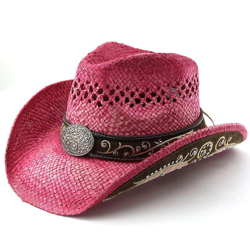 Curved Brim Straw Western Cowboy Sun Hat - Rose - M (22"-22 7/8") - image 6
