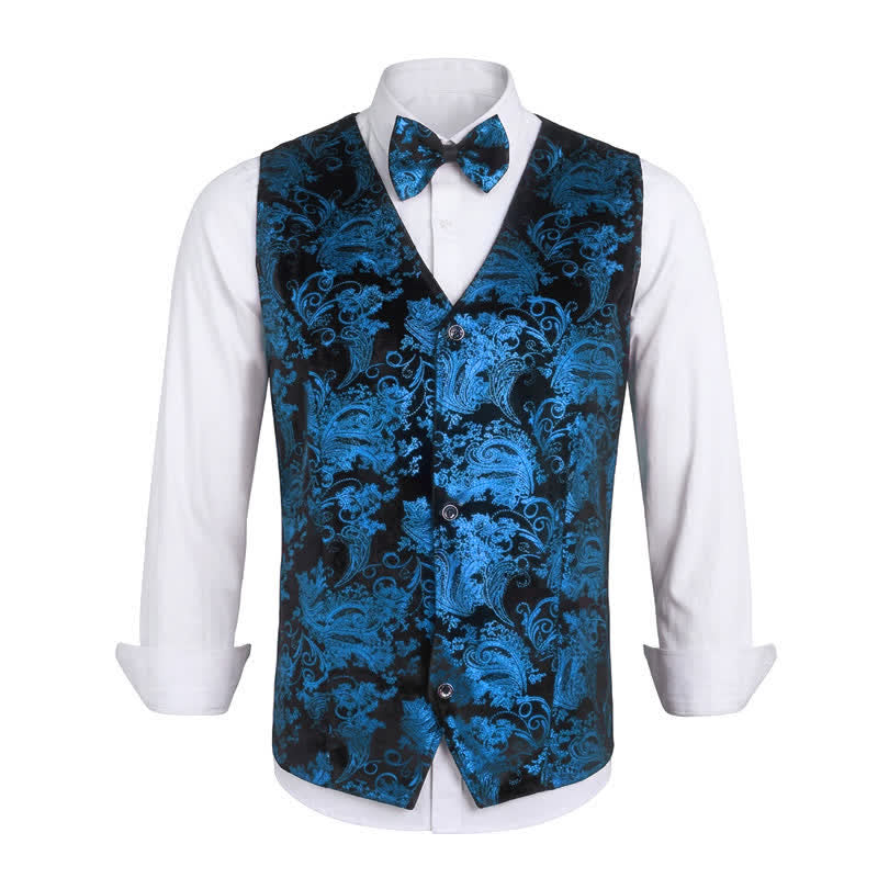 Men's Elegant Paisley Hot Stamped Pattern V-neck Vest With Bow Tie - Blue - 3XL - image 13