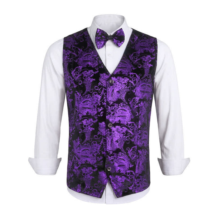Men's Elegant Paisley Hot Stamped Pattern V-neck Vest With Bow Tie - Purple - 3XL - image 12
