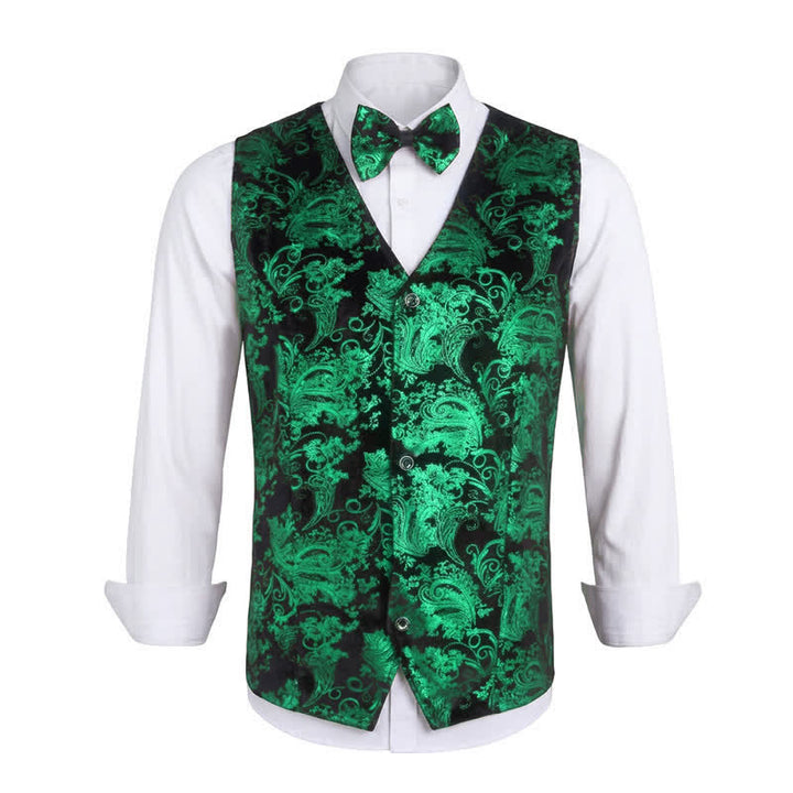 Men's Elegant Paisley Hot Stamped Pattern V-neck Vest With Bow Tie - Green - 3XL - image 14