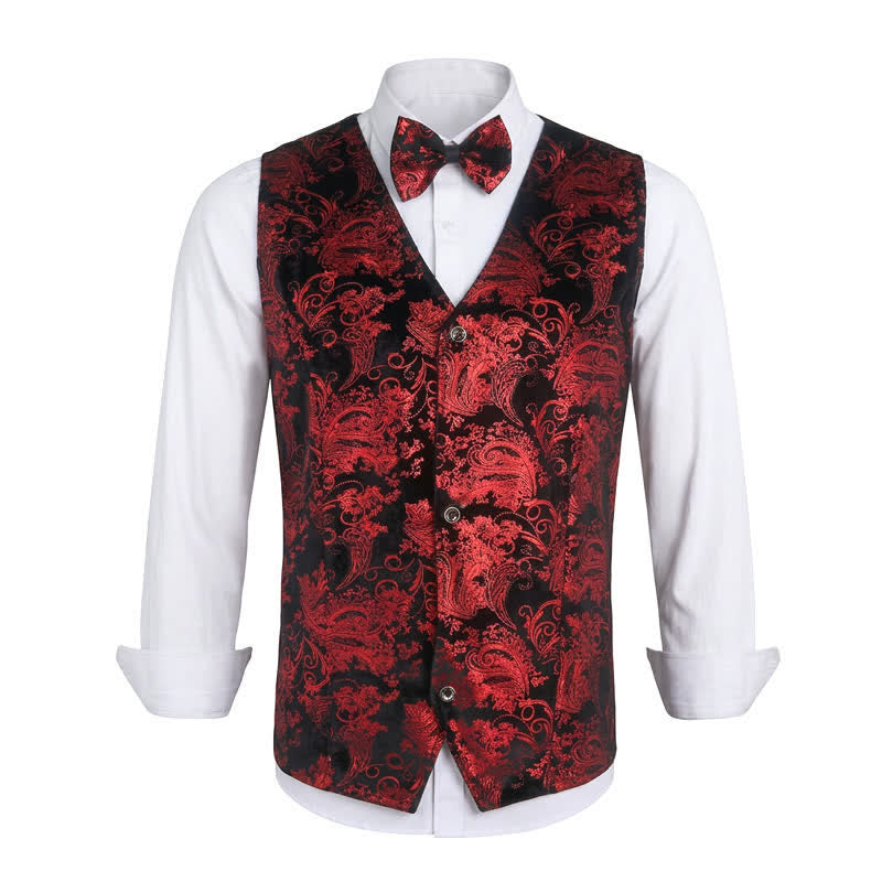 Men's Elegant Paisley Hot Stamped Pattern V-neck Vest With Bow Tie - Red - 3XL - image 0