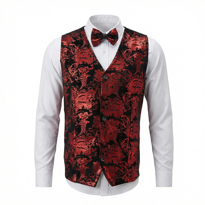 Men's Elegant Paisley Hot Stamped Pattern V-neck Vest With Bow Tie - image 4