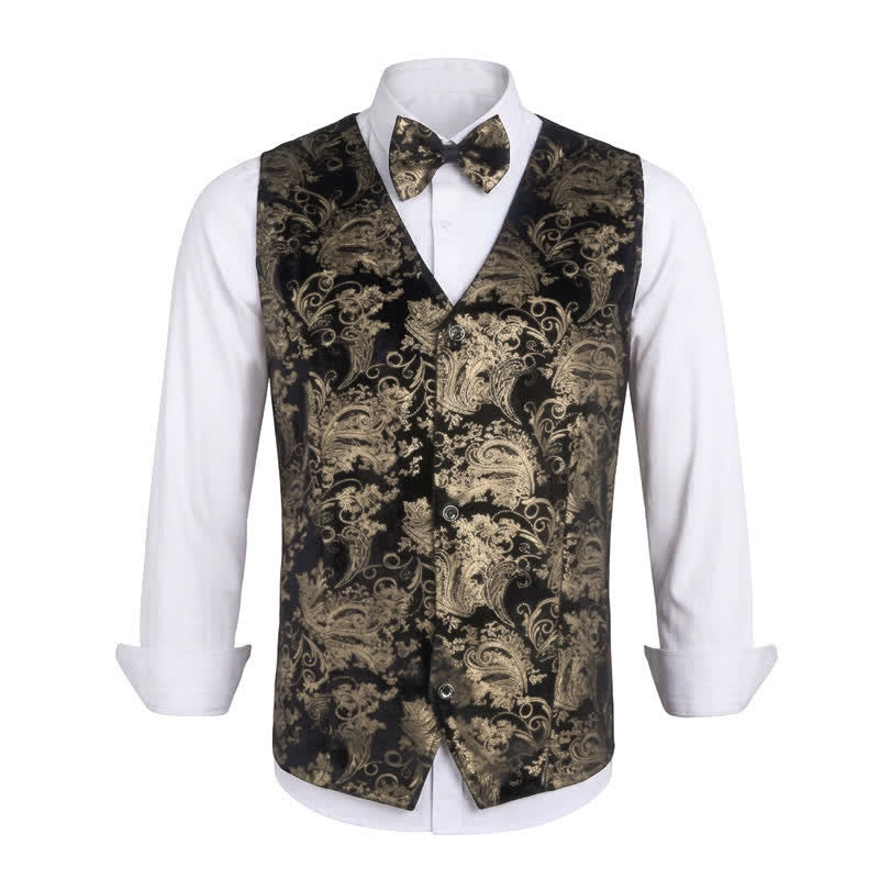 Men's Elegant Paisley Hot Stamped Pattern V-neck Vest With Bow Tie - Golden - 3XL - image 11