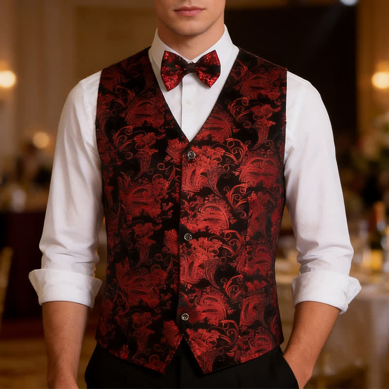 Men's Elegant Paisley Hot Stamped Pattern V-neck Vest With Bow Tie - image 1