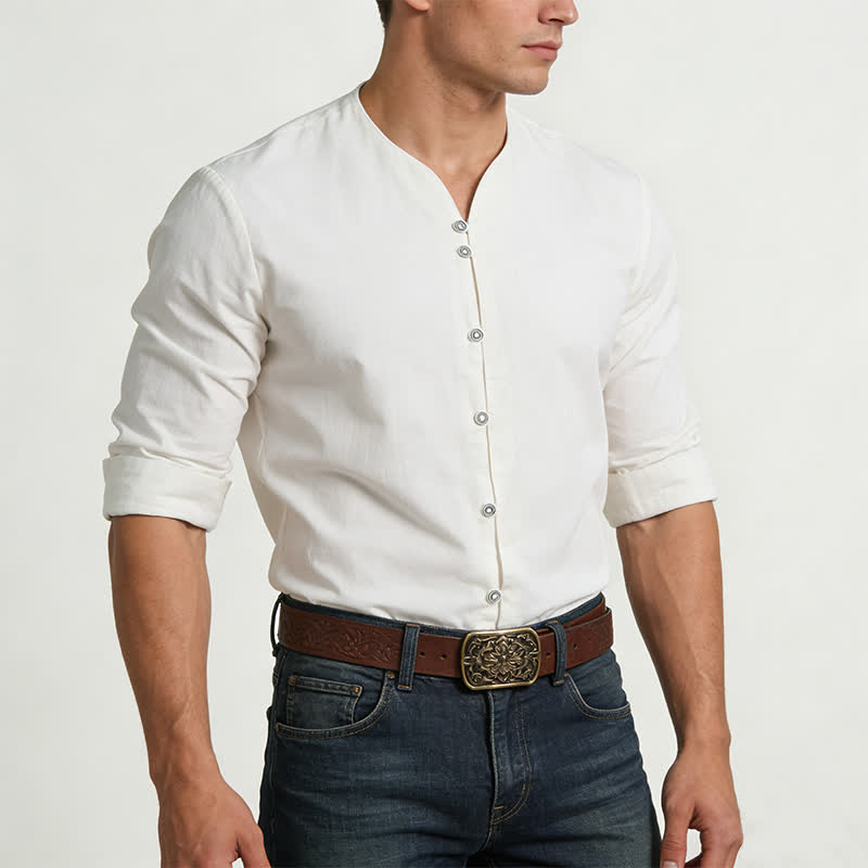 Men's Retro Henry Collar Breathable Solid Color Shirt - image 1