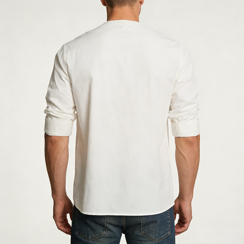 Men's Retro Henry Collar Breathable Solid Color Shirt - image 3