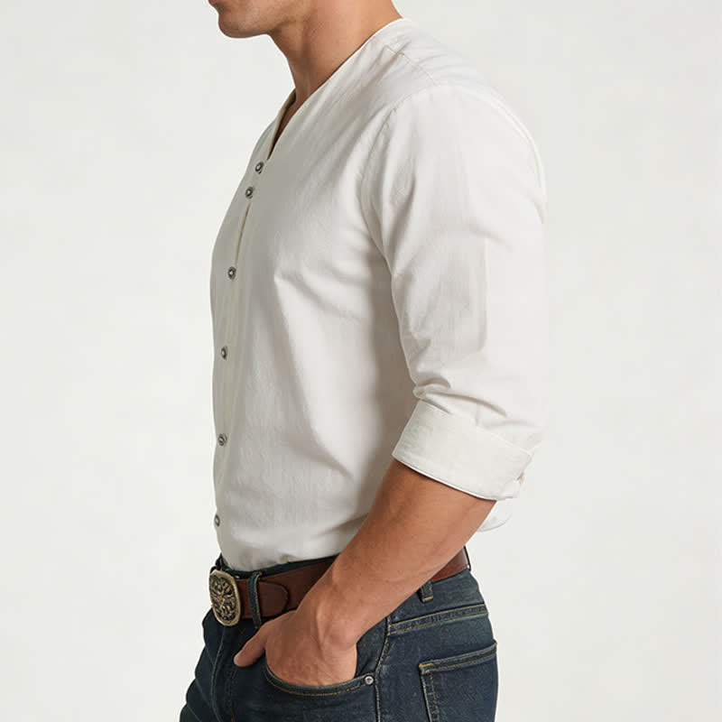 Men's Retro Henry Collar Breathable Solid Color Shirt - image 2