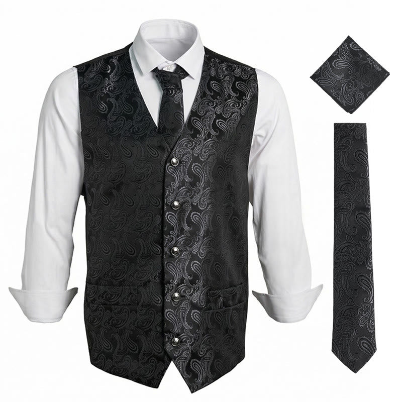 3Pcs Men's Elegant Paisley Jacquard Suit Vest Set - Black - 3XL - image 4
