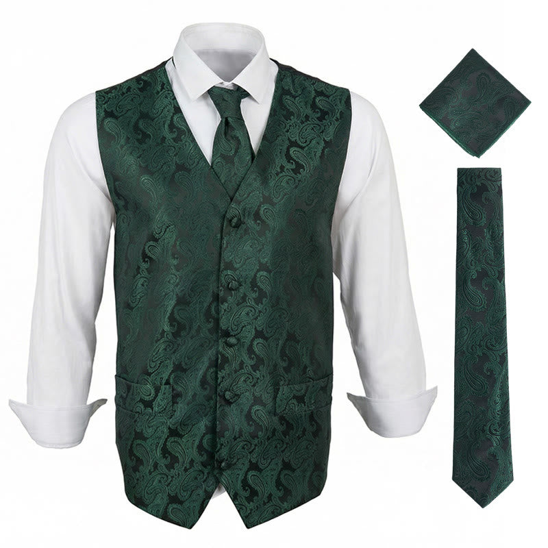 3Pcs Men's Elegant Paisley Jacquard Suit Vest Set - Green - 3XL - image 0