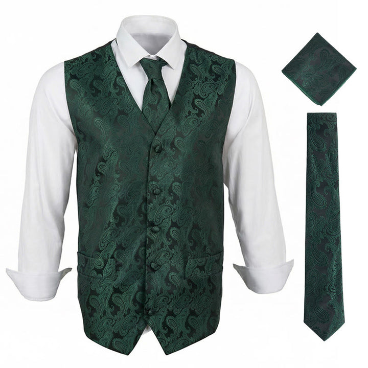 3Pcs Men's Elegant Paisley Jacquard Suit Vest Set - Green - 3XL - image 0