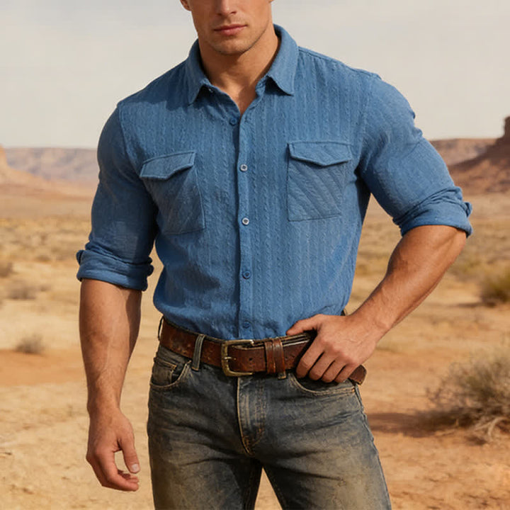 Men's Retro Jacquard Cowboy Workwear Long Sleeved Shirt - Blue - 2XL - image 0