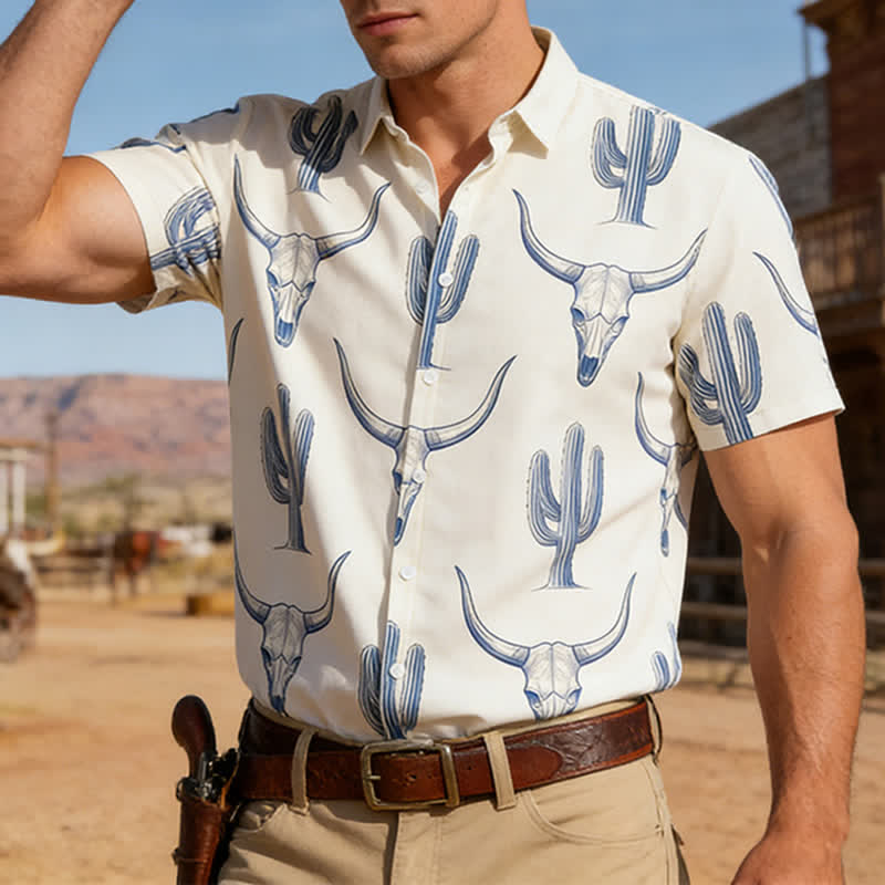 Western Ranch Style Bullhead Cactus Print Short Sleeved Shirt - Bullhead & Cactus - 4XL - image 0