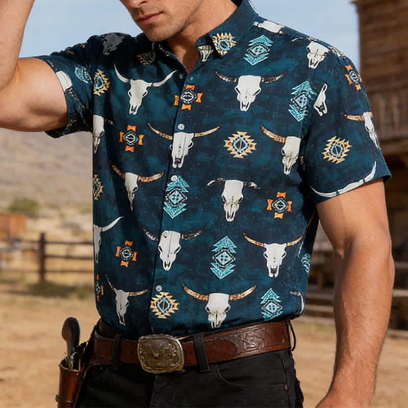 Men's Bull Skull & Aztec Geometric 3D Print Shirt - Teal - 3XL - image 0