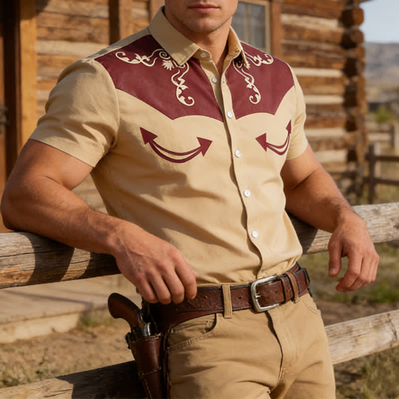 Men's Western Cowboy Scrollwork 3D Printed Contrast Yoke Shirt - Khaki - 5XL - image 0