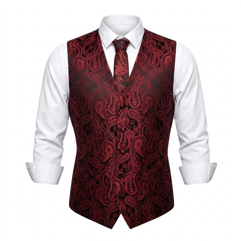 3Pcs Men's Fashion Jacquard Paisley Pattern Vest Set - Red - 3XL - image 3