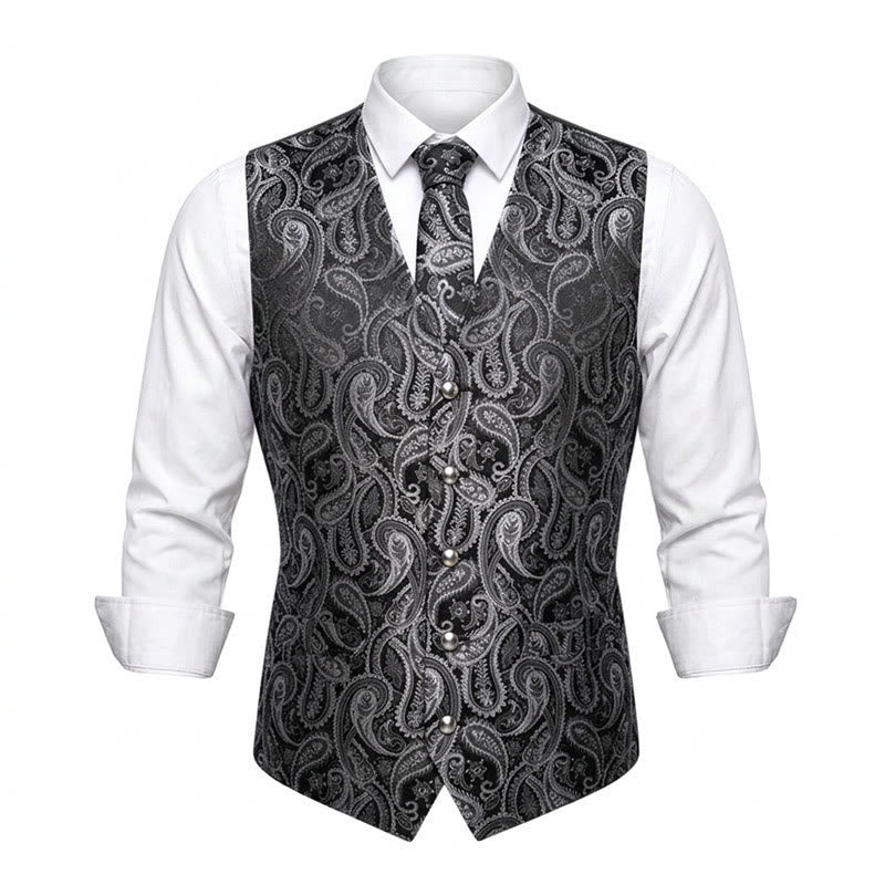 3Pcs Men's Fashion Jacquard Paisley Pattern Vest Set - Black - 3XL - image 4