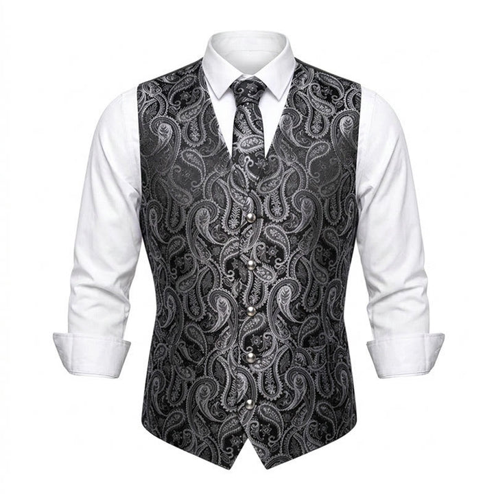 3Pcs Men's Fashion Jacquard Paisley Pattern Vest Set - Black - 3XL - image 4