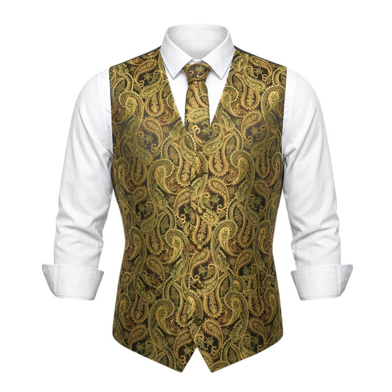 3Pcs Men's Fashion Jacquard Paisley Pattern Vest Set - Golden - 3XL - image 2