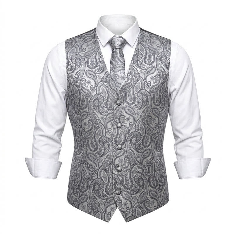 3Pcs Men's Fashion Jacquard Paisley Pattern Vest Set - Silver - 3XL - image 5