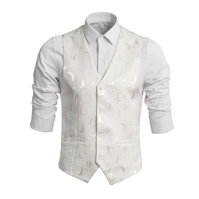 Men's Elegant Paisley Jacquard Three Pockets White Vest - White - 8XL - image 0