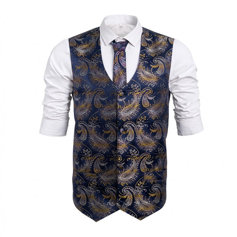 3Pcs Men's Retro Paisley Pattern Dress Vest Set - Navy Blue - 2XL - image 7