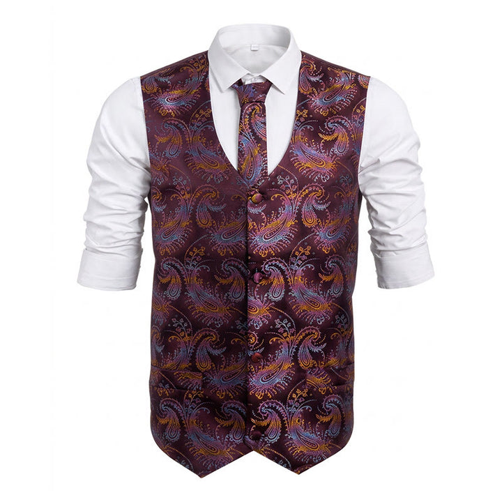 3Pcs Men's Retro Paisley Pattern Dress Vest Set - Wine - 2XL - image 5