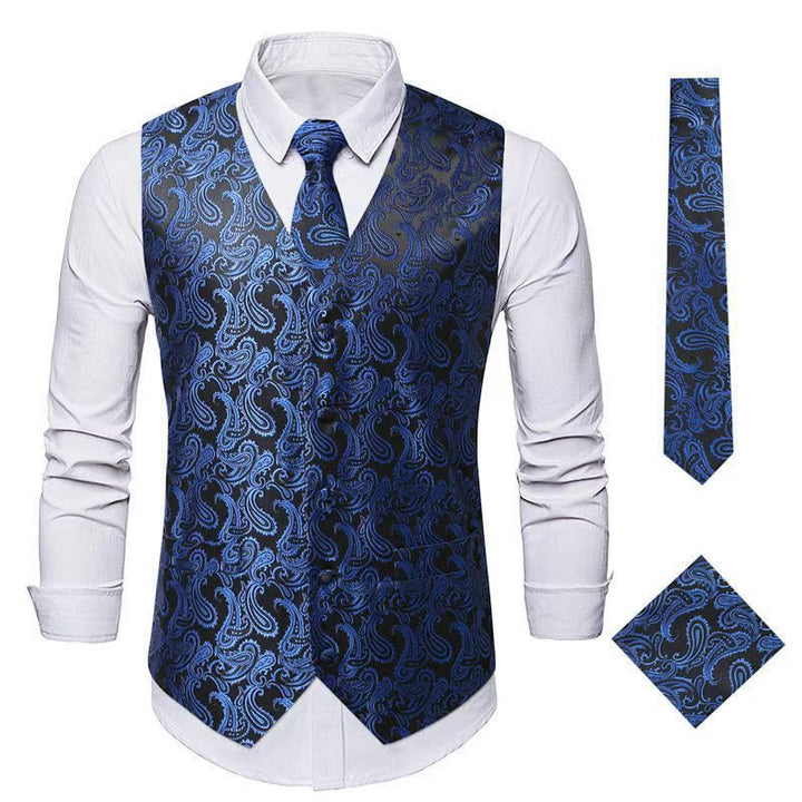 3Pcs Men's Elegant Paisley Jacquard Suit Vest Set - Royal Blue - 3XL - image 7