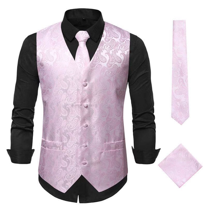 3Pcs Men's Elegant Paisley Jacquard Suit Vest Set - Pink - 3XL - image 6