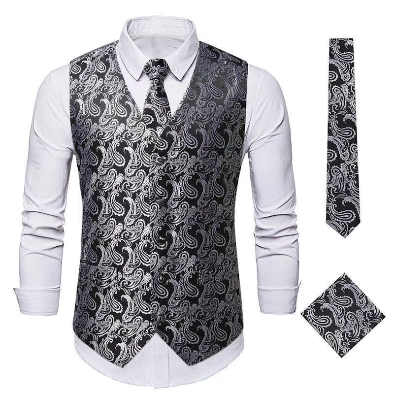 3Pcs Men's Elegant Paisley Jacquard Suit Vest Set - Black Silver - 3XL - image 10