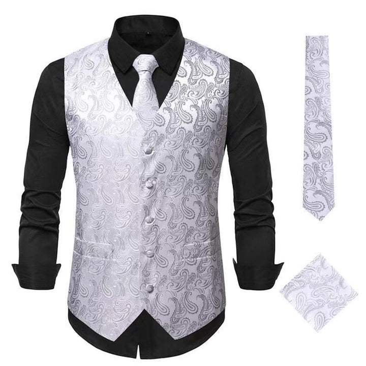 3Pcs Men's Elegant Paisley Jacquard Suit Vest Set - Silver - 3XL - image 9