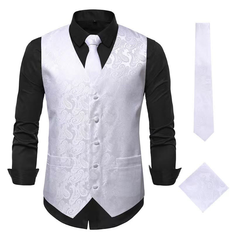 3Pcs Men's Elegant Paisley Jacquard Suit Vest Set - White - 3XL - image 5