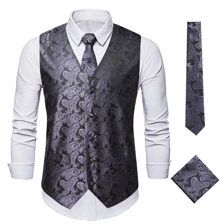 3Pcs Men's Elegant Paisley Jacquard Suit Vest Set - Dark Grey - 3XL - image 8