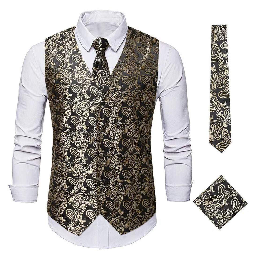 3Pcs Men's Elegant Paisley Jacquard Suit Vest Set - Golden - 3XL - image 12