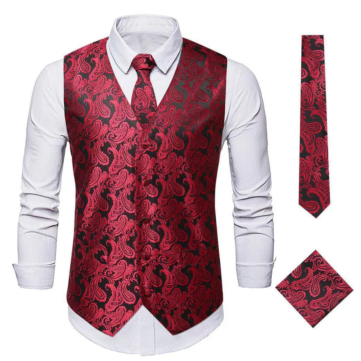 3Pcs Men's Elegant Paisley Jacquard Suit Vest Set - Red - 3XL - image 11