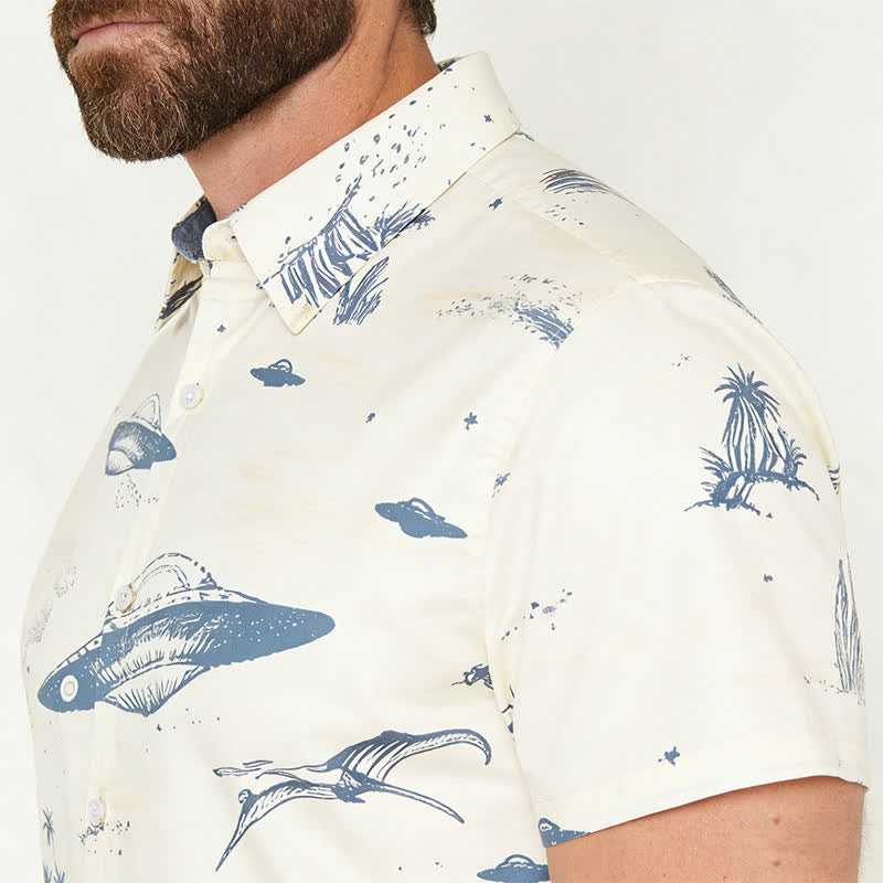 Men's Surreal Dinosaur Riding & UFO Desert Sketch Print Western Shirt - image 3