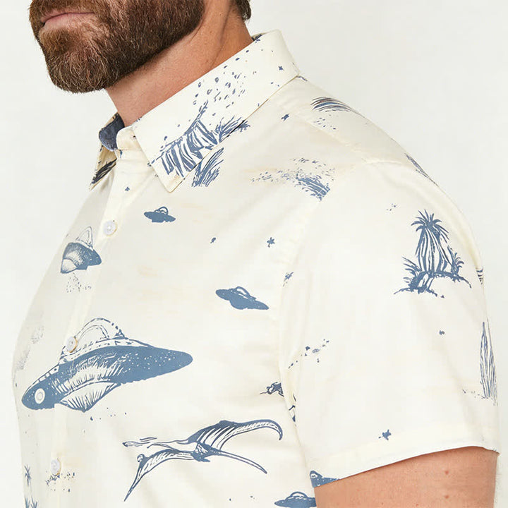 Men's Surreal Dinosaur Riding & UFO Desert Sketch Print Western Shirt - image 3