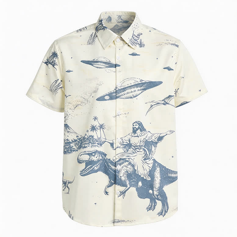 Men's Surreal Dinosaur Riding & UFO Desert Sketch Print Western Shirt - image 7