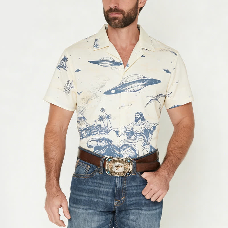 Men's Surreal Dinosaur Riding & UFO Desert Sketch Print Western Shirt - image 1