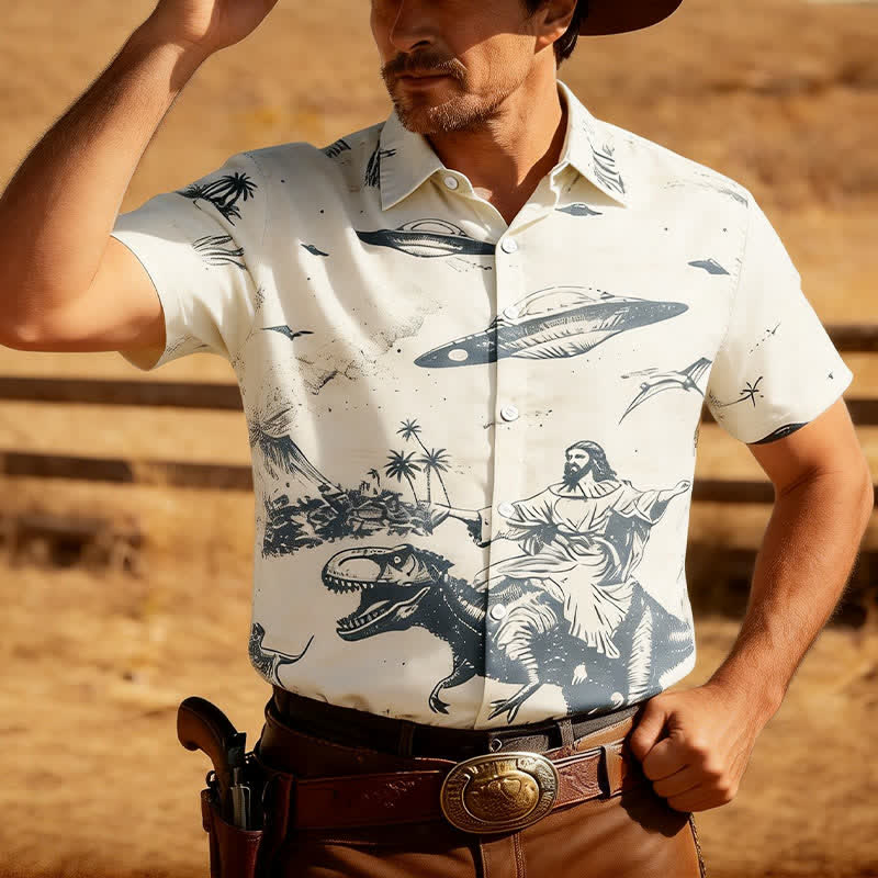 Men's Surreal Dinosaur Riding & UFO Desert Sketch Print Western Shirt - White - 6XL - image 0