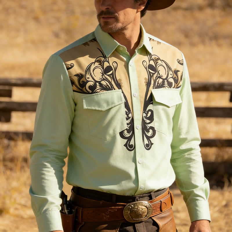 Men's Baroque Scroll 3D Printed Western Long Sleeves Shirt - Green - 6XL - image 0