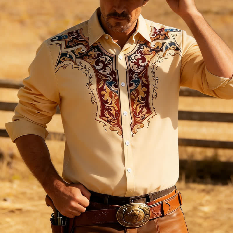 Men's Traditional Cowboy Style 3D Printed Shirt - Khaki - 3XL - image 0