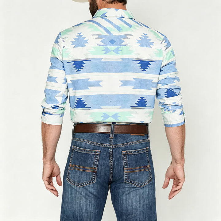 Men's Light Blue Aztec Geometric Print Western Shirt - image 2