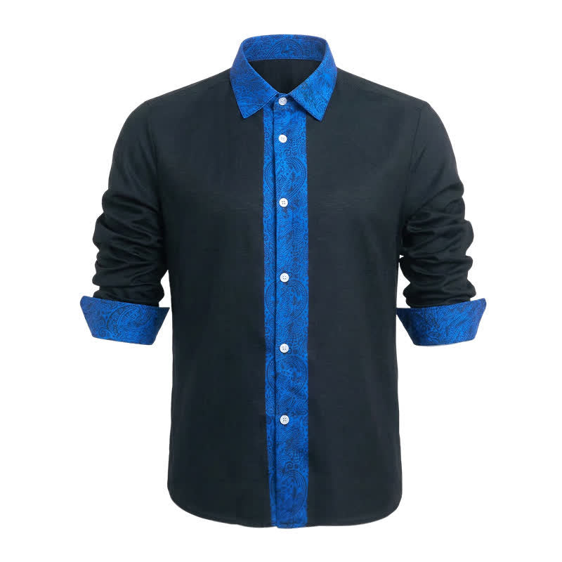 Men's Black Blue Paisley Pattern Contrast Collar Dress Shirt - Black & Blue - 6XL - image 0