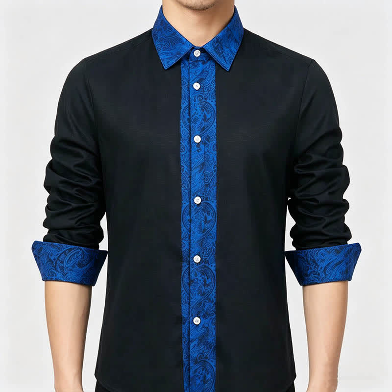 Men's Black Blue Paisley Pattern Contrast Collar Dress Shirt - image 3