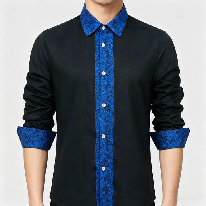 Men's Black Blue Paisley Pattern Contrast Collar Dress Shirt - image 3